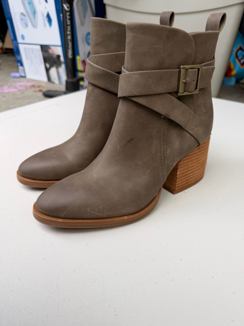 Kork-Ease Taupe Suede Block Heel Ankle Boots with Buckle Strap